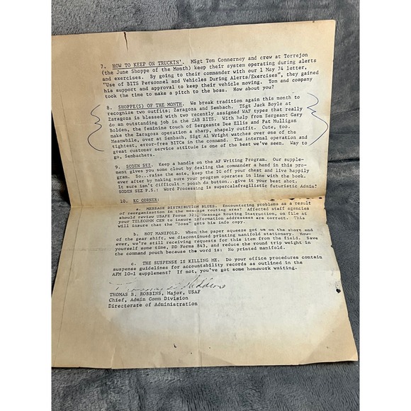 Vintage 1974 USAF Spain Military Typed Memo 8.5x11 Zaragoza Torrejon Base